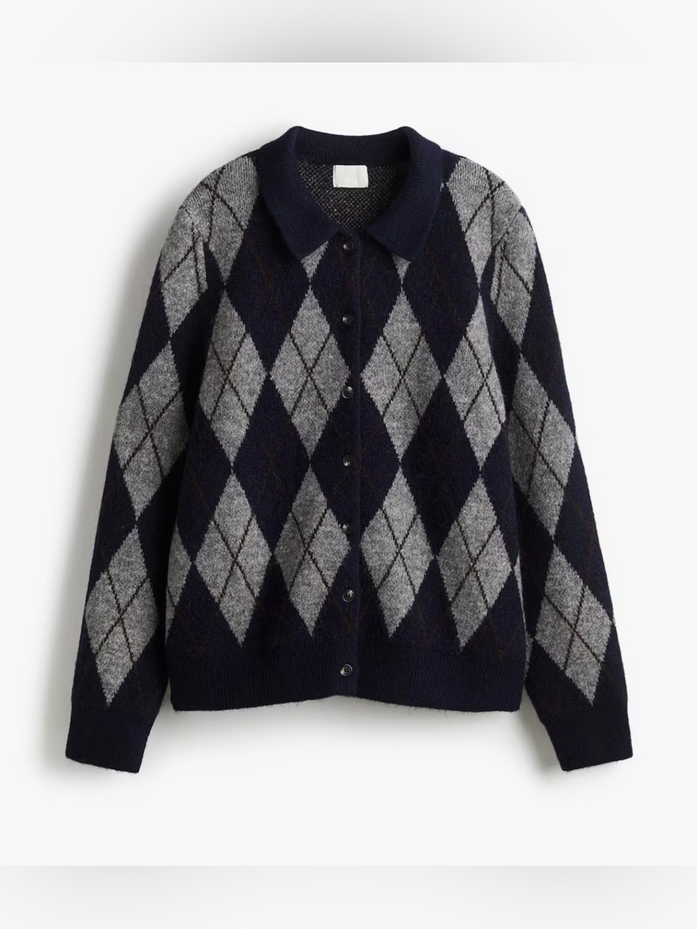 H&M Women's Navy and Gray Argyle Button-Up Sweater